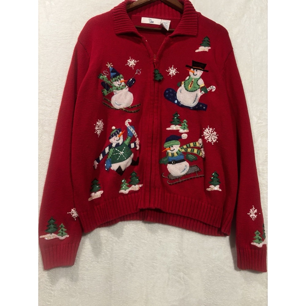 VTG Ms. Lee Winter  XL‎ Sweater Women's Cardigan Snowmen Embroidered Full Zip